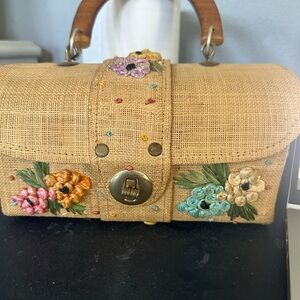 VINTAGE bag Tan Floral Embellished Clutch with Bamboo Handle